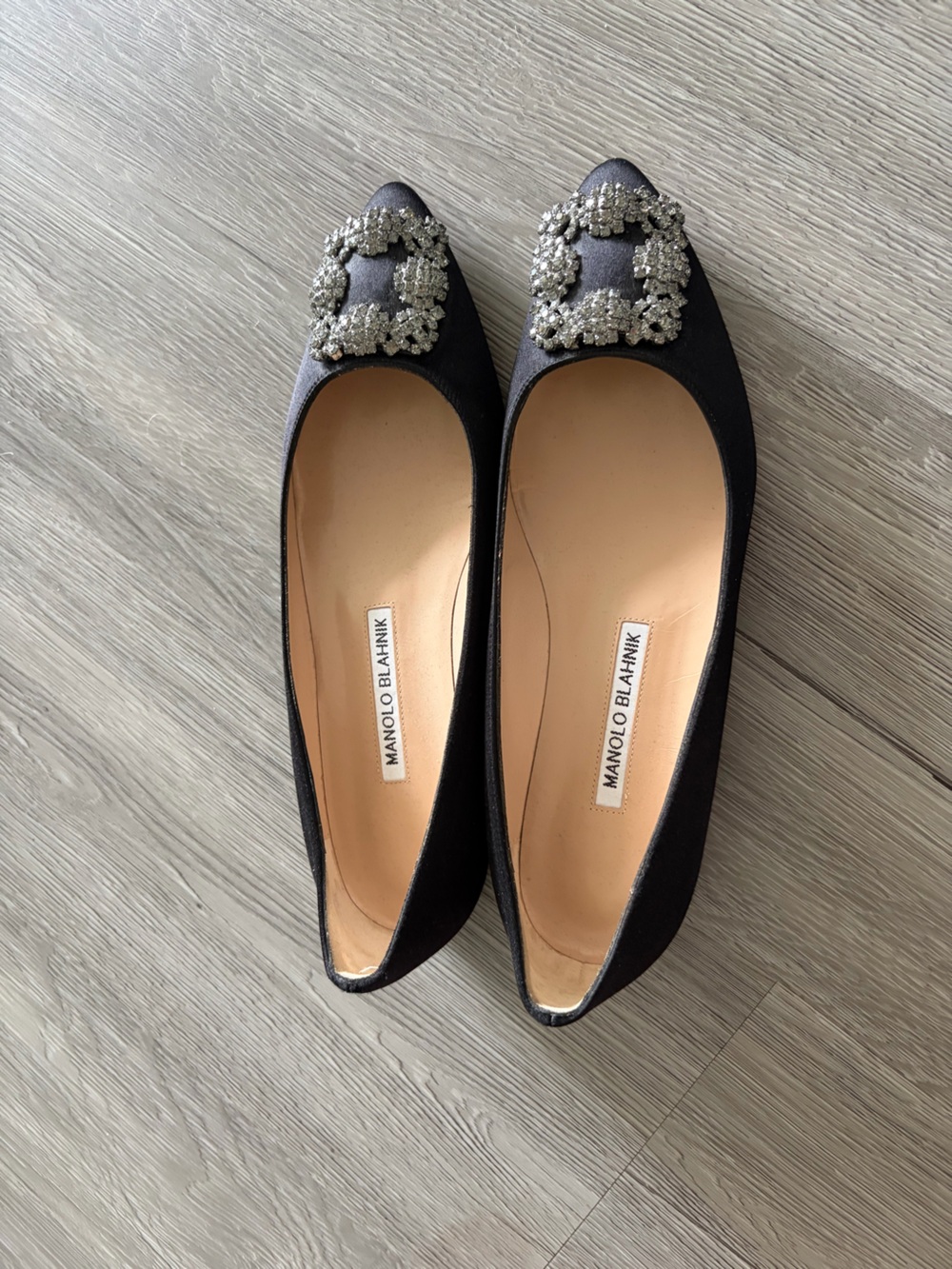 Manolo Blahnik Black Satin Jeweled Toe Flats